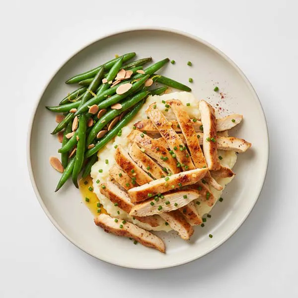 Chive Butter Chicken with Cauliflower Mash and Green Bean Almondine